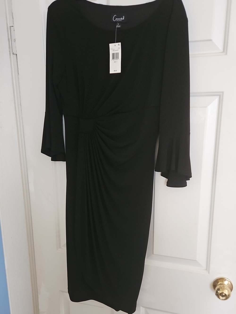 connected apparel Black Midi Dress with Side Ruching and Flared Sleeves